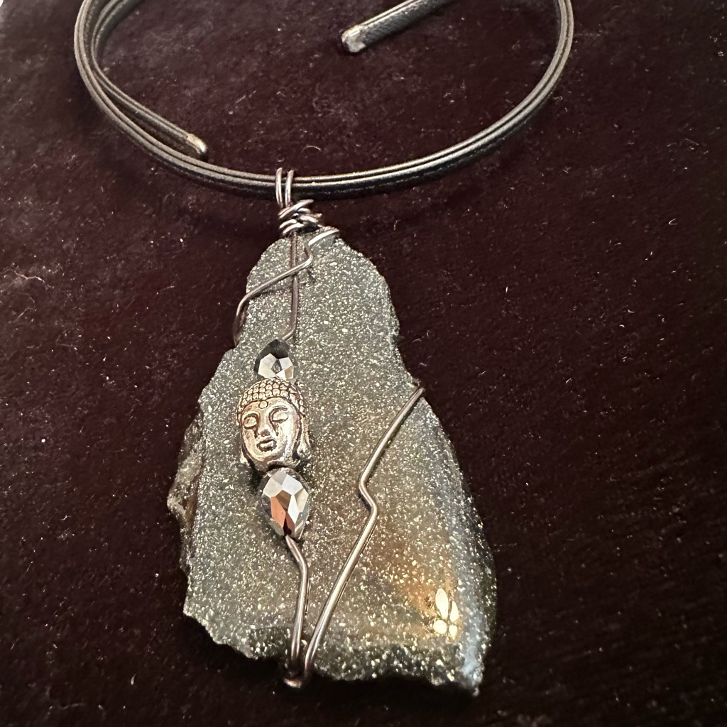 Silver Wire-Wrapped Buddha Black Pendant Hematite Necklace 39$